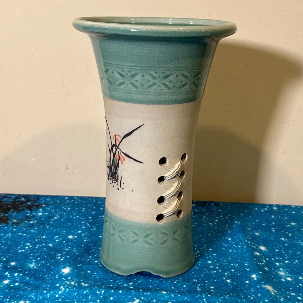 Vintage Korean Celadon Orchid Pot Crackle Glaze Hand Painted Ceramic Vase 10in